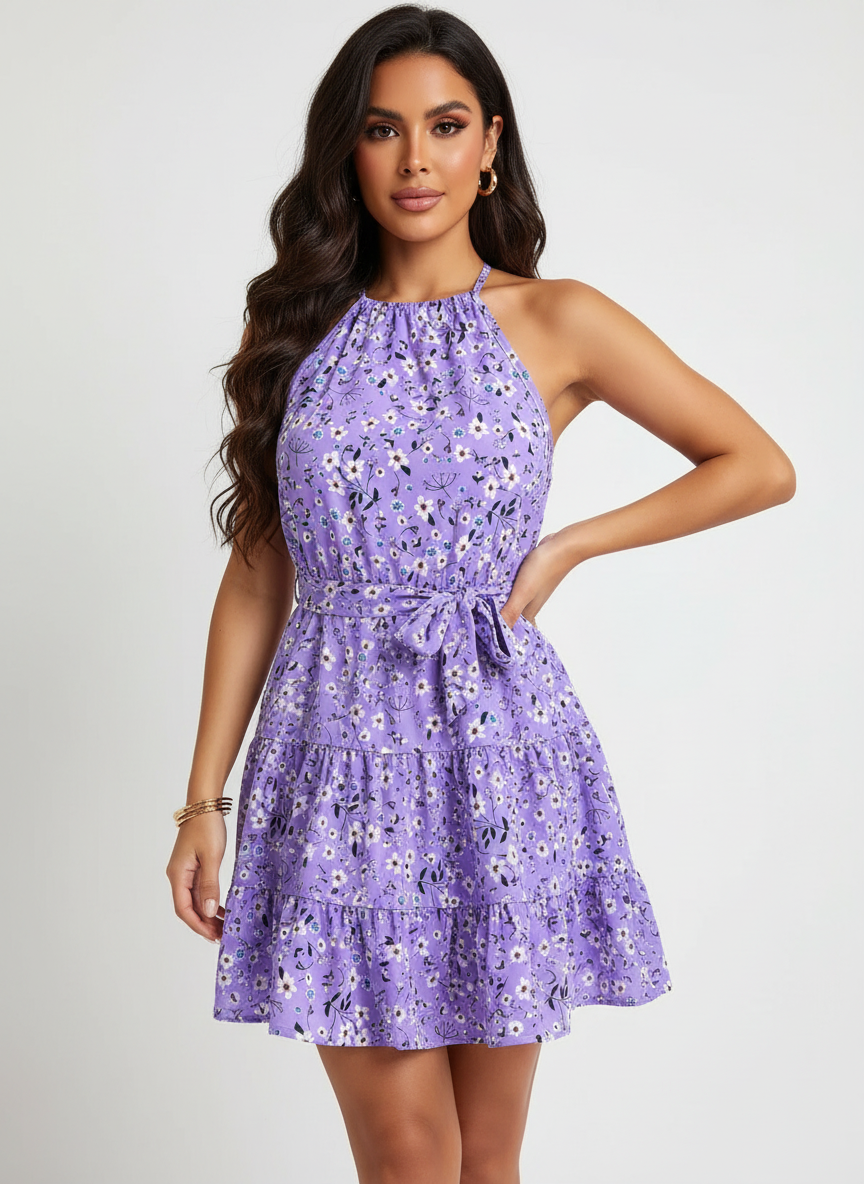 Hailey Robe Femme Fleurie Dos Nu à Col Halter avec Ceinture Élégante Chic