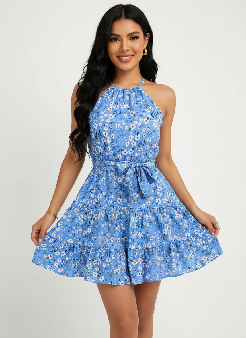 Hailey Robe Femme Fleurie Dos Nu à Col Halter avec Ceinture Élégante Chic