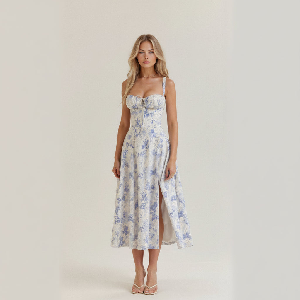 Peyton Robe Midi Fleurie Femme Bustier à Fente Élégante pour Cérémonies