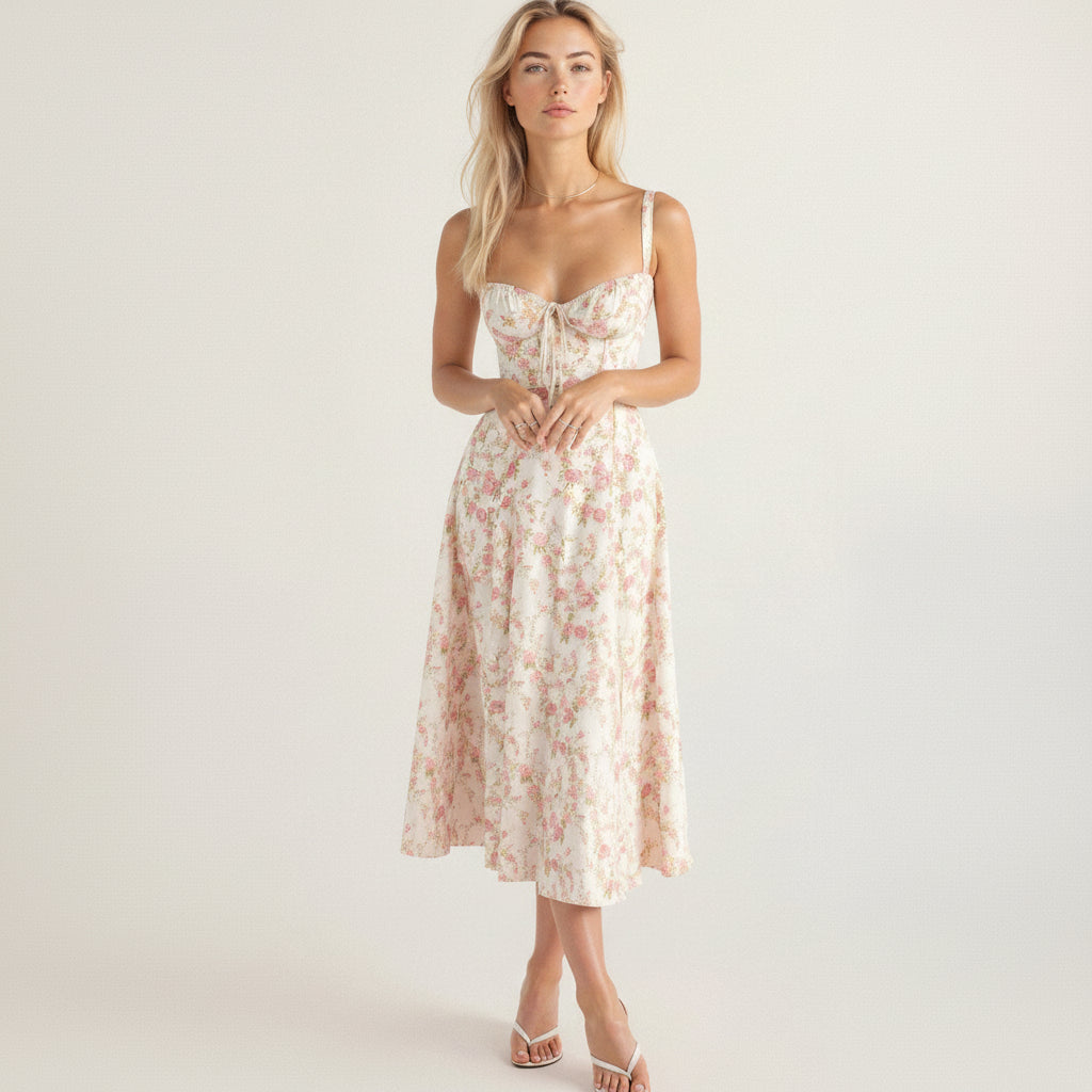 Peyton Robe Midi Fleurie Femme Bustier à Fente Élégante pour Cérémonies