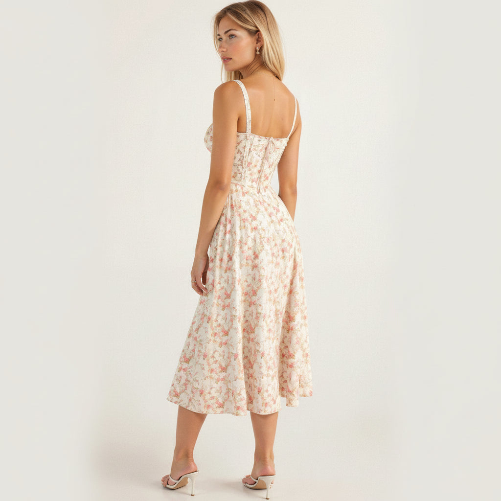 Peyton Women's Midi Floral Dress – Elegant Strapless with Slit for Ceremonies
