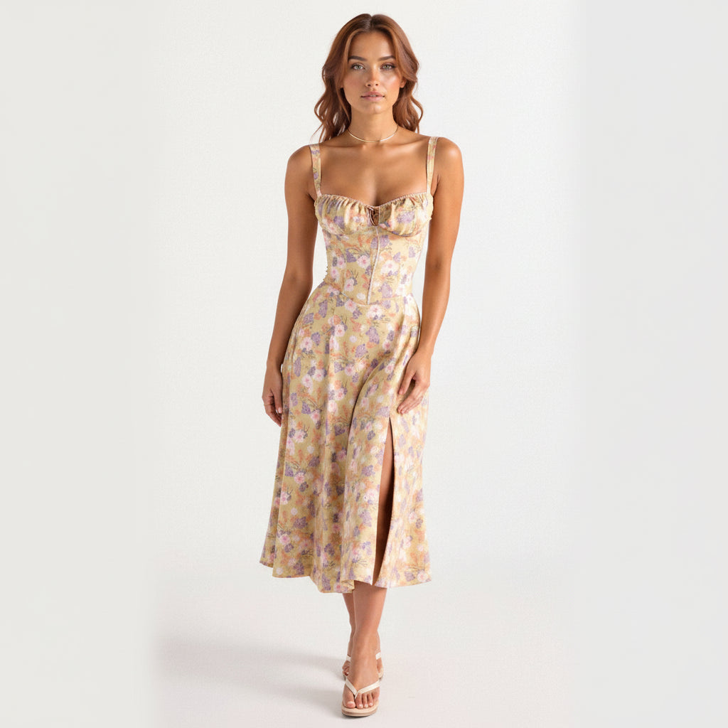 Peyton Robe Midi Fleurie Femme Bustier à Fente Élégante pour Cérémonies