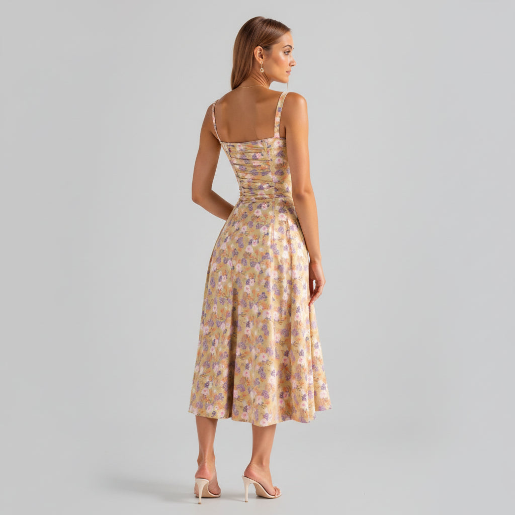 Peyton Women's Midi Floral Dress – Elegant Strapless with Slit for Ceremonies