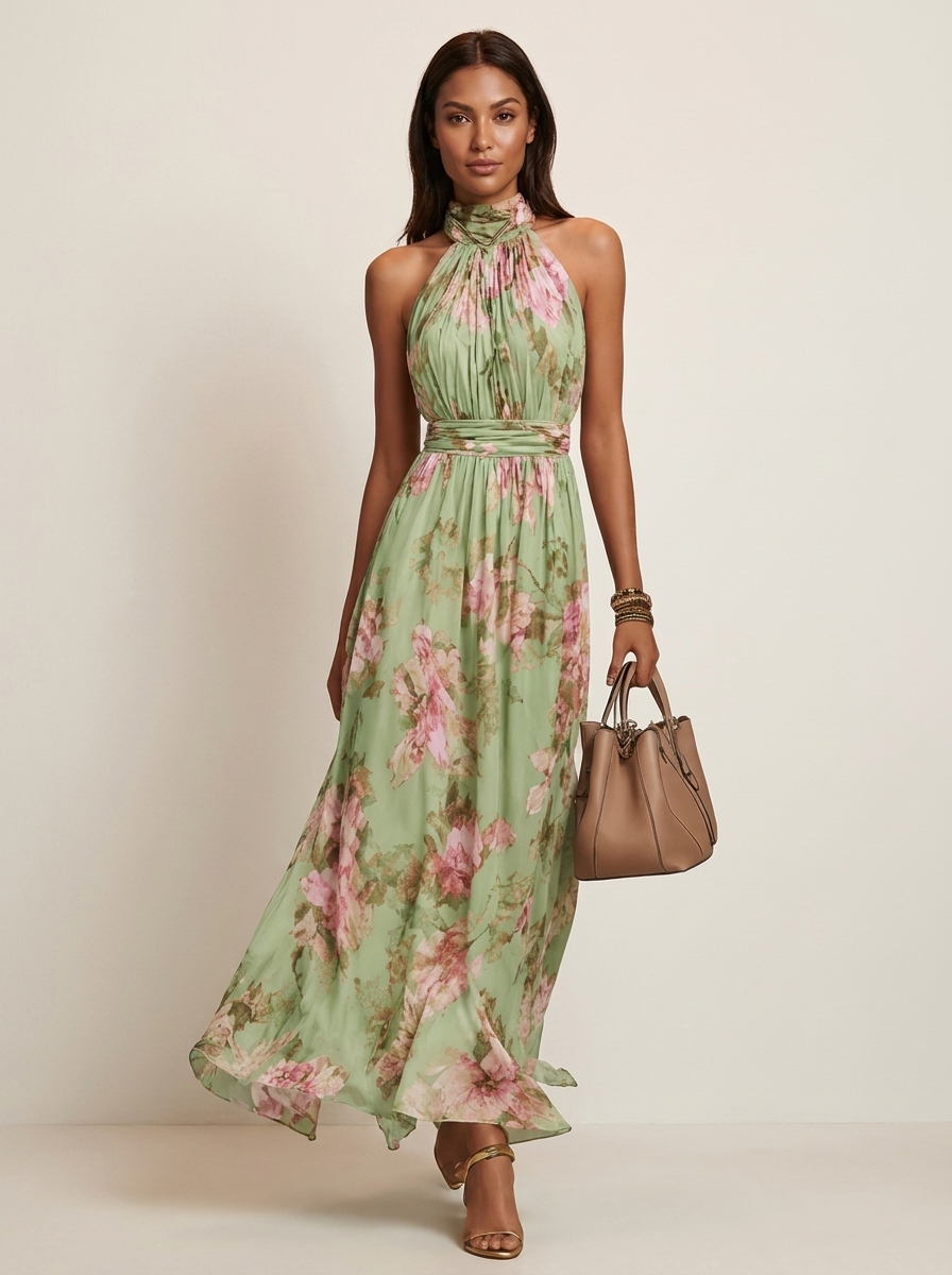 Ariella Robe Maxi Fleurie Femme Col Halter Élégante pour Cérémonies Chic