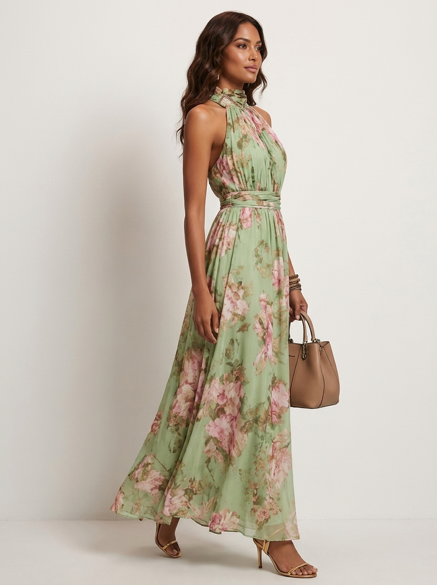 Ariella Robe Maxi Fleurie Femme Col Halter Élégante pour Cérémonies Chic