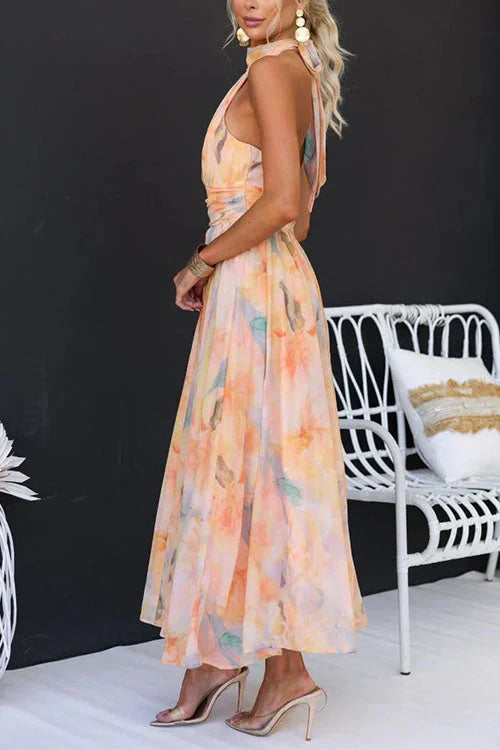Aubrey Robe Maxi Fleurie Femme Col Halter Élégante pour Soirées et Cérémonies