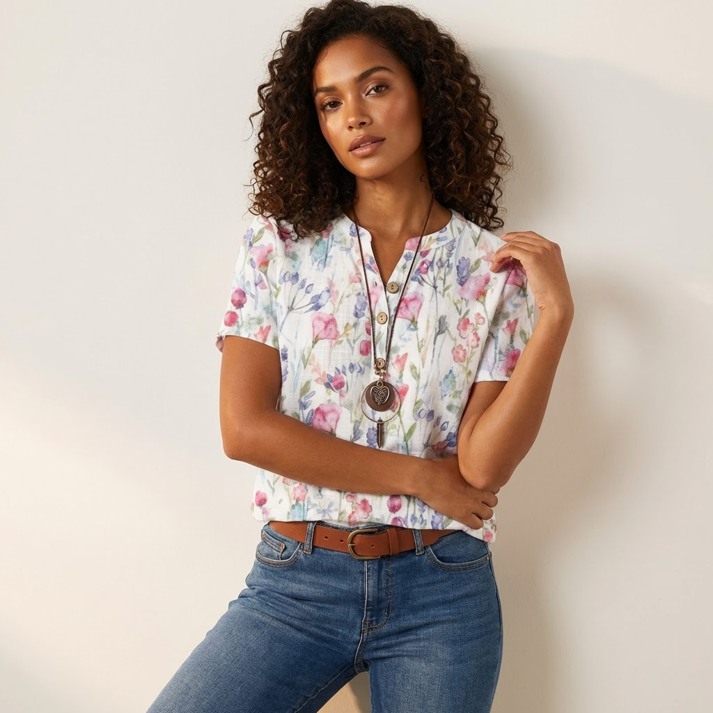Chelsea Blouse Femme Fleurie Col V Manches Courtes Légère et Élégante Chic