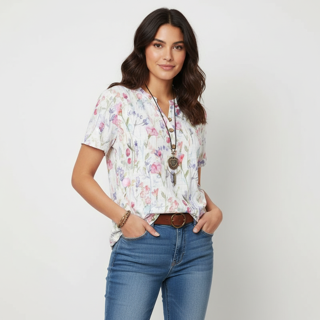 Chelsea Blouse Femme Fleurie Col V Manches Courtes Légère et Élégante Chic