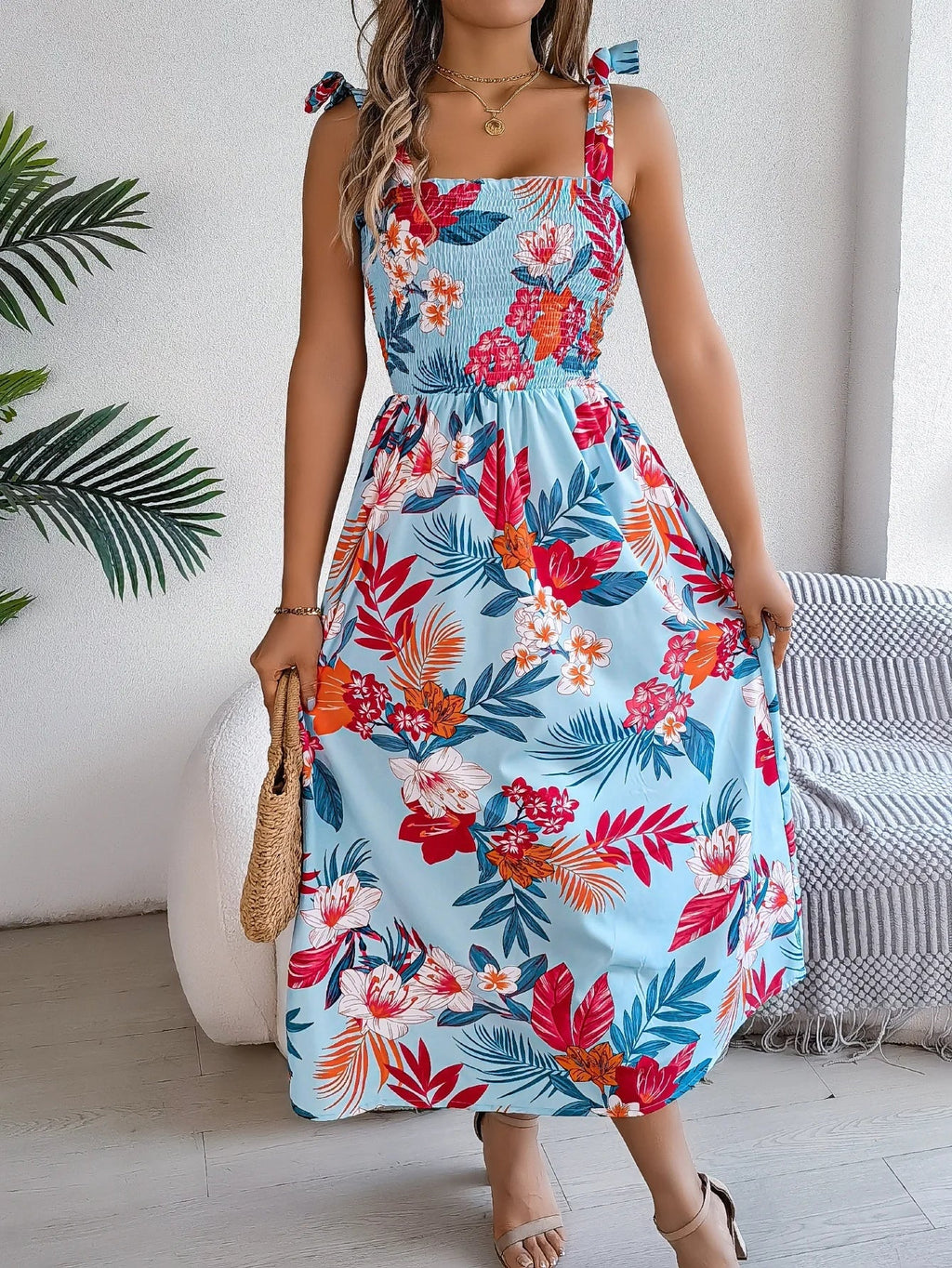 Skylar Robe Midi Fleurie Femme Sans Manches Style Estival Élégant et Léger