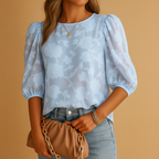 Adèle Blouse Femme – Blouse Fleurie à Manches Bouffantes et Col Rond