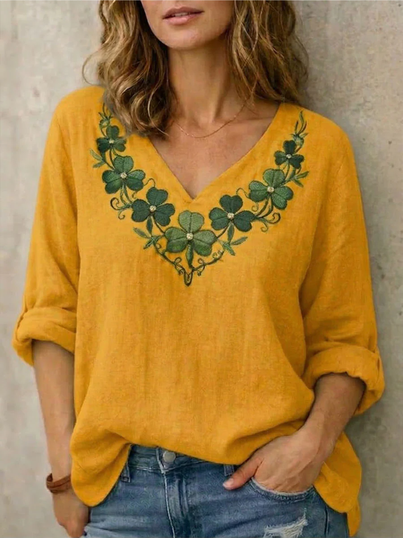 Geneviève Blouse Femme – Blouse à Col V et Broderie Élégante