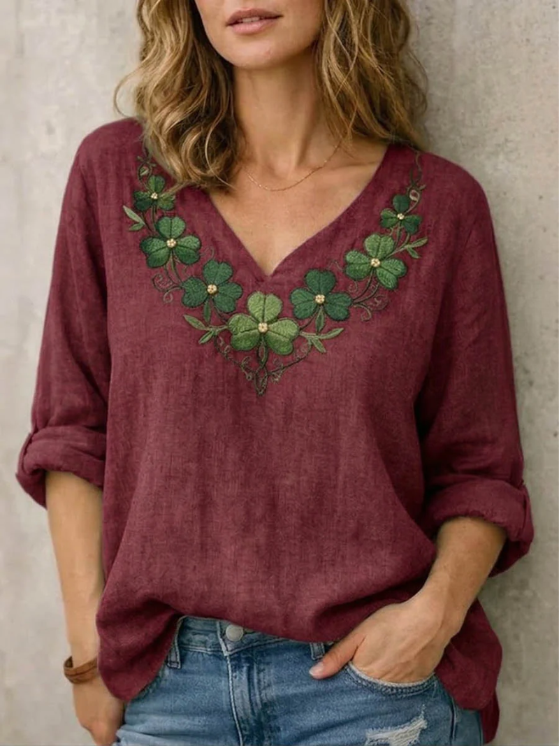 Geneviève Blouse Femme – Blouse à Col V et Broderie Élégante
