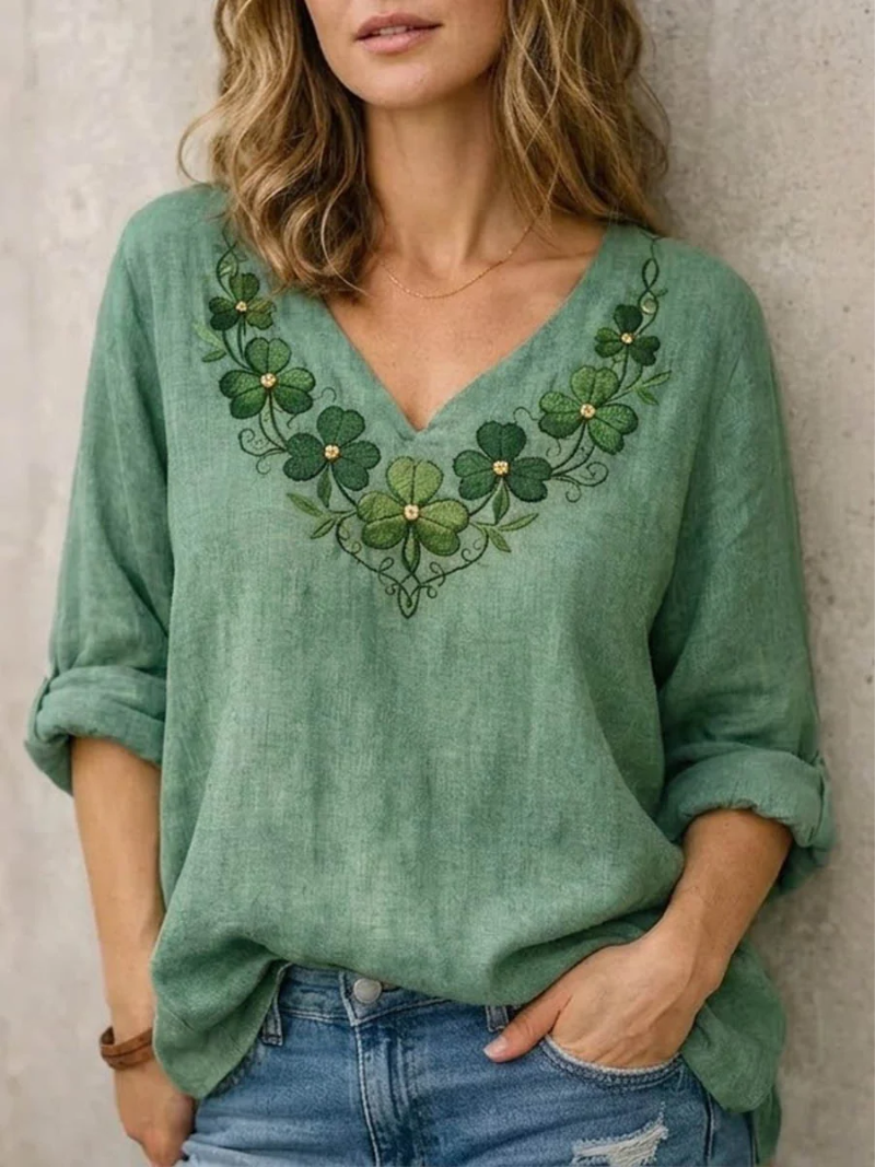 Geneviève Blouse Femme – Blouse à Col V et Broderie Élégante