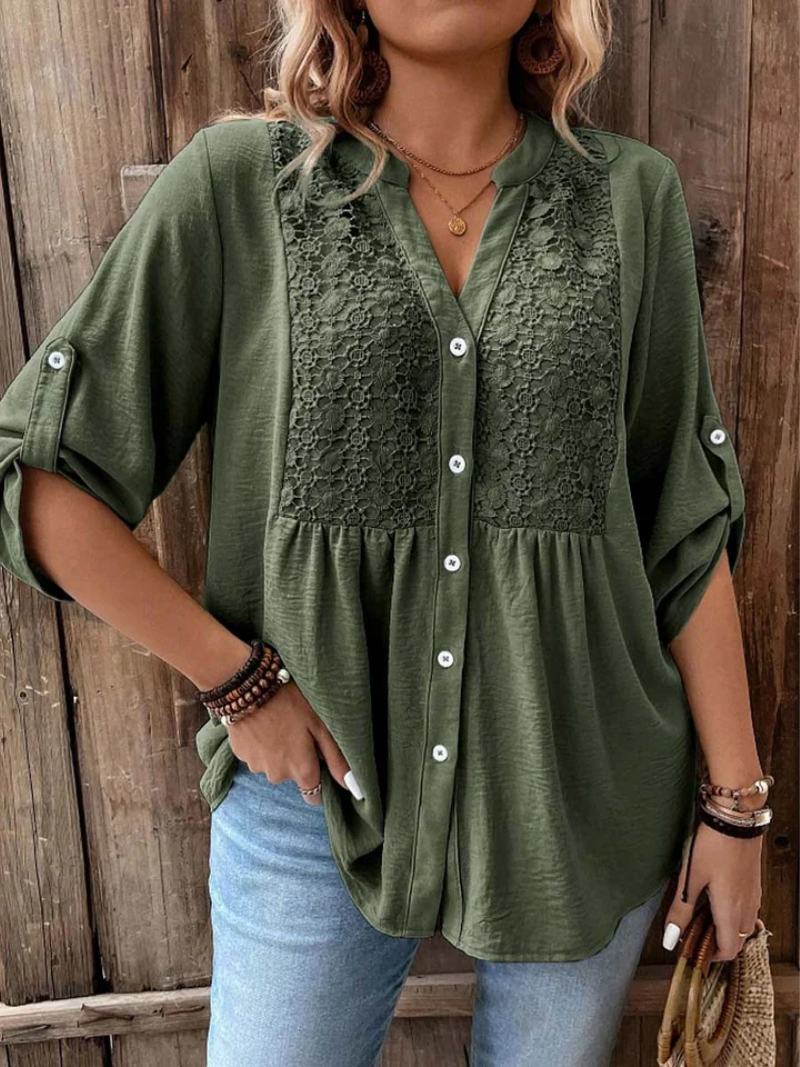 Solène Blouse Femme – Col V Boutonné, Manches Retroussables et Coupe Fluide