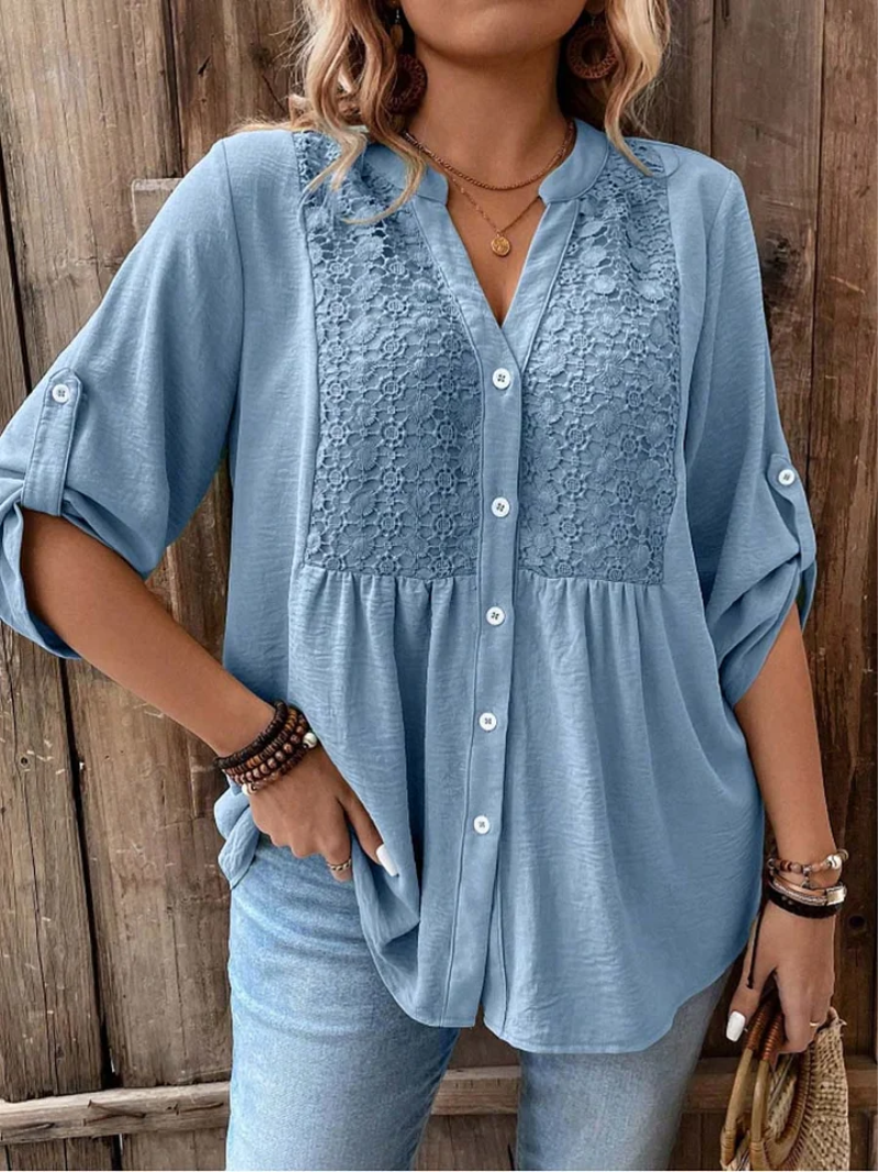 Solène Blouse Femme – Col V Boutonné, Manches Retroussables et Coupe Fluide
