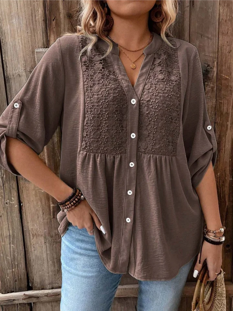 Solène Blouse Femme – Col V Boutonné, Manches Retroussables et Coupe Fluide