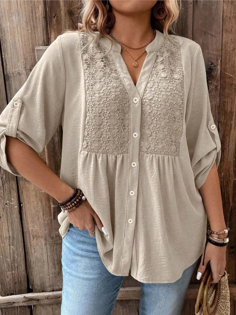 Solène Blouse Femme – Col V Boutonné, Manches Retroussables et Coupe Fluide