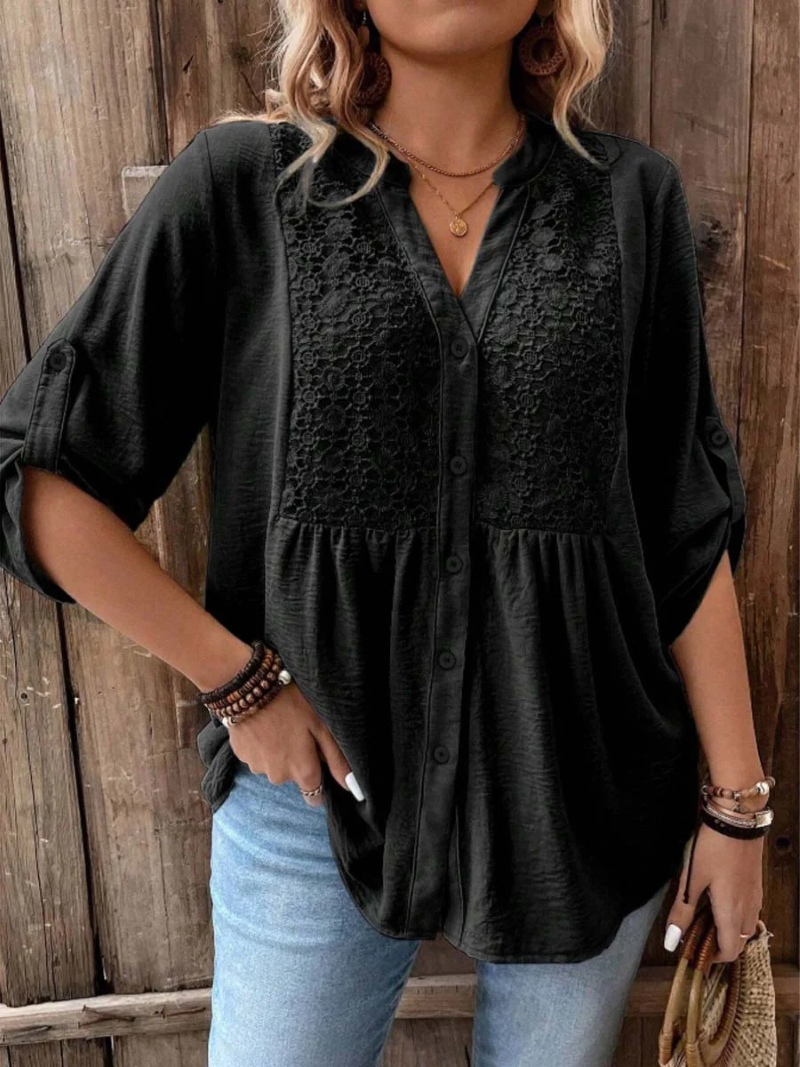 Solène Blouse Femme – Col V Boutonné, Manches Retroussables et Coupe Fluide