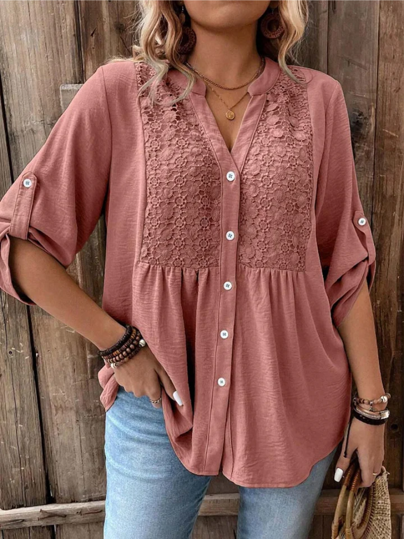 Solène Blouse Femme – Col V Boutonné, Manches Retroussables et Coupe Fluide