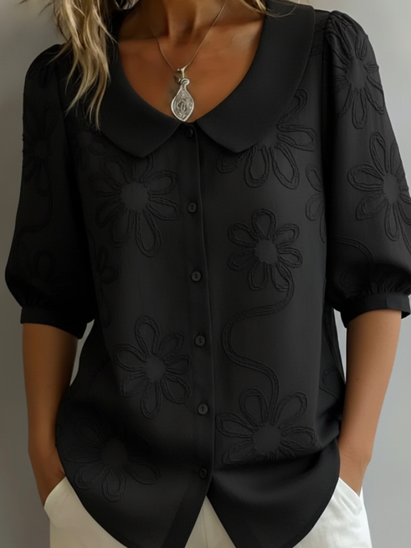 Amandine Blouse Femme – Broderie Florale, Col Rond et Coupe Confortable