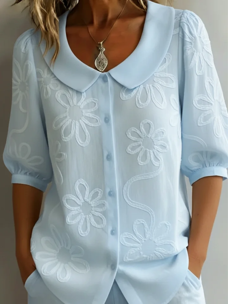 Amandine Blouse Femme – Broderie Florale, Col Rond et Coupe Confortable