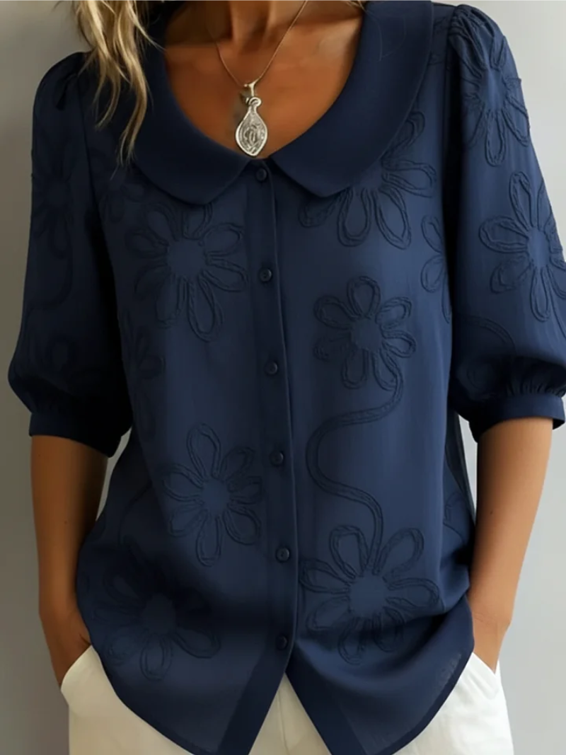 Amandine Blouse Femme – Broderie Florale, Col Rond et Coupe Confortable