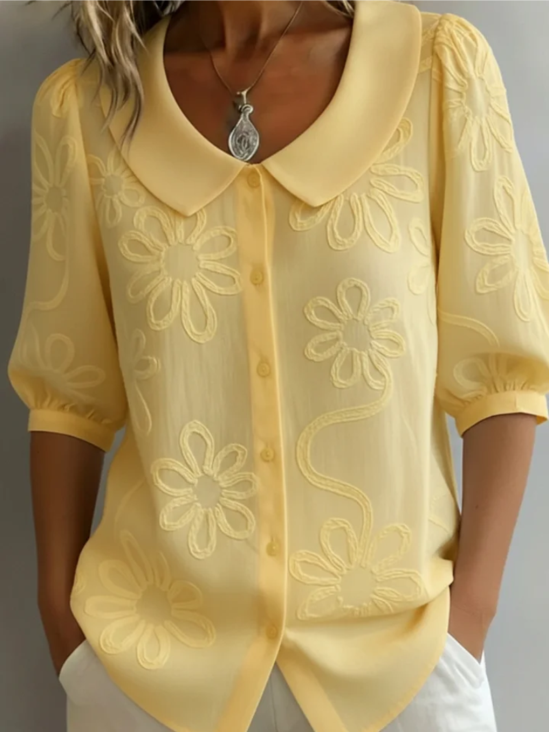 Amandine Women's Blouse – Floral Embroidery, Round Neck, and Comfortable Fit