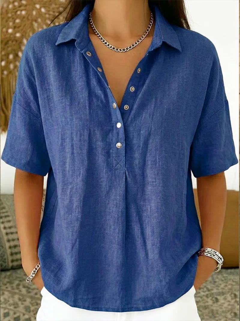 Lucienne Blouse Femme – Col Classique, Col V Boutonné et Coupe Ample Chic