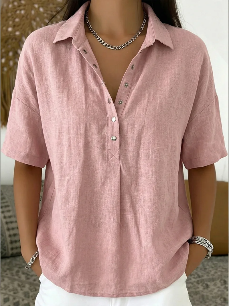 Lucienne Blouse Femme – Col Classique, Col V Boutonné et Coupe Ample Chic