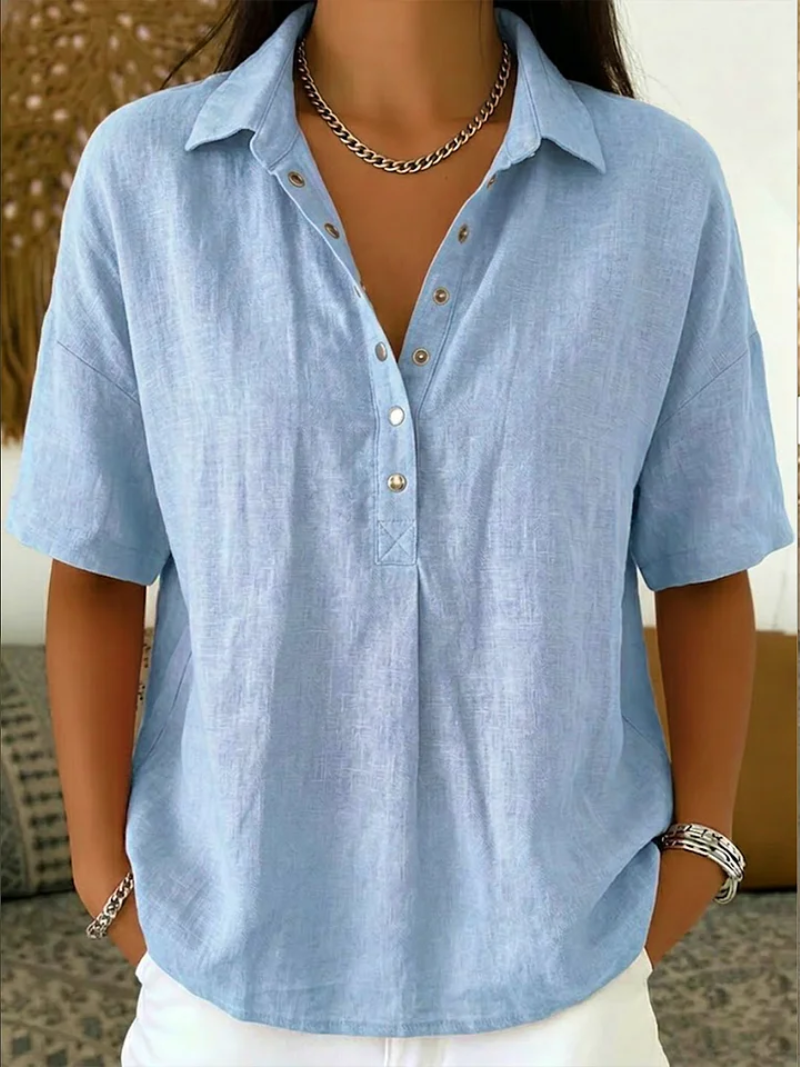 Lucienne Blouse Femme – Col Classique, Col V Boutonné et Coupe Ample Chic