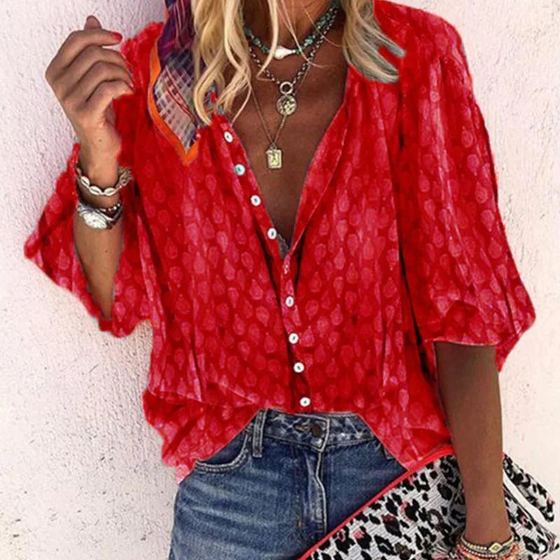 Noémie Blouse Femme – Col V Ouvert, Imprimé Raffiné et Coupe Décontractée