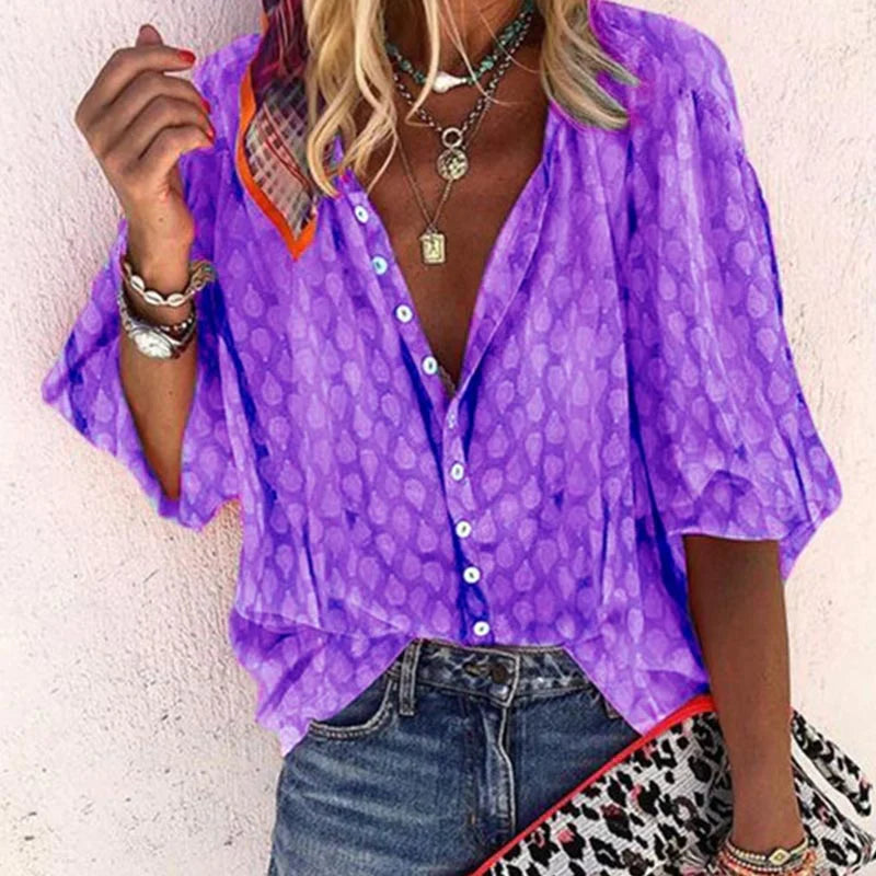 Noémie Blouse Femme – Col V Ouvert, Imprimé Raffiné et Coupe Décontractée