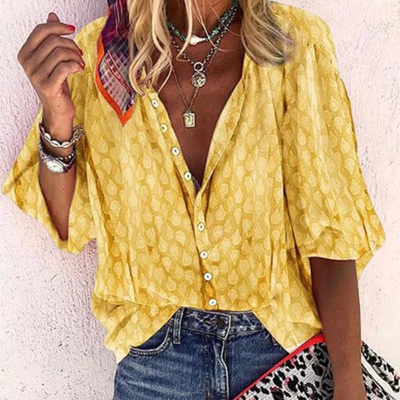 Noémie Blouse Femme – Col V Ouvert, Imprimé Raffiné et Coupe Décontractée