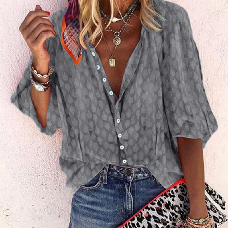 Noémie Blouse Femme – Col V Ouvert, Imprimé Raffiné et Coupe Décontractée