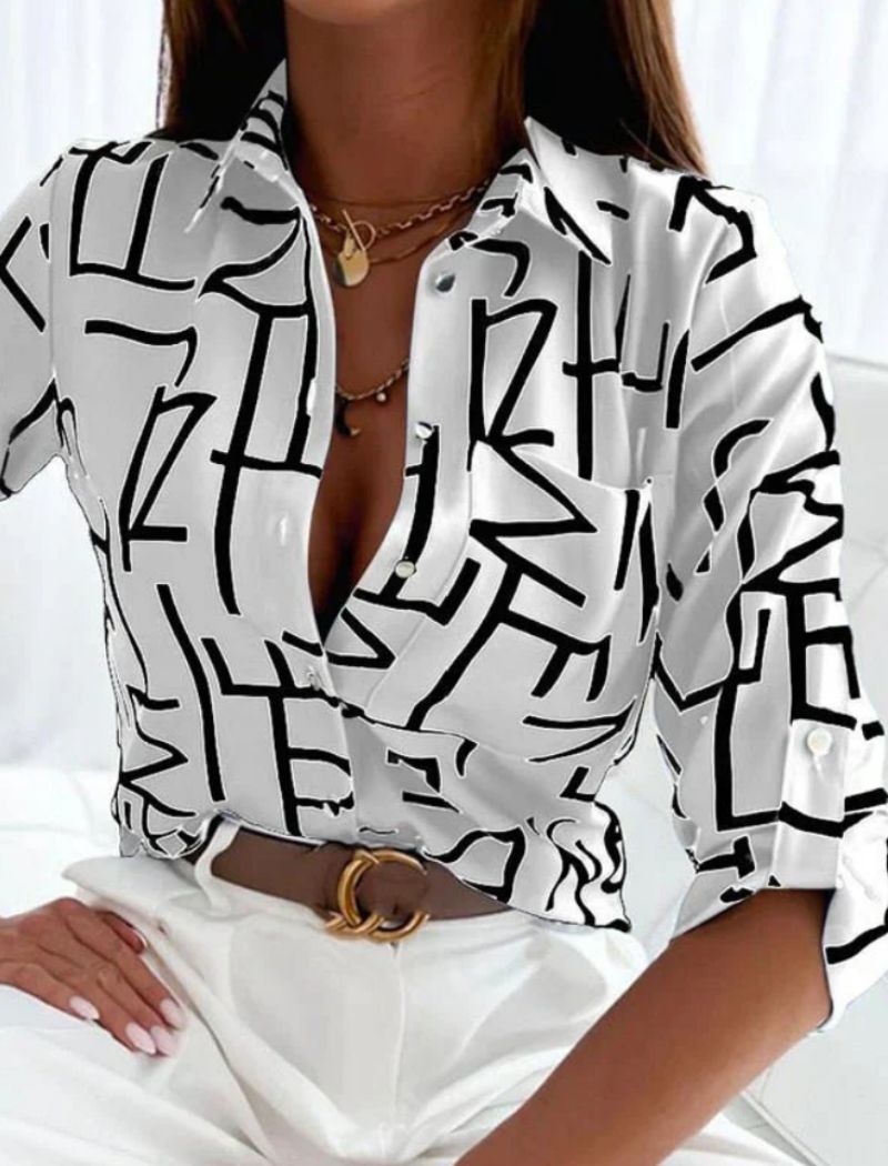 Marion Blouse Femme – Imprimé Graphique Élégant, Col Classique et Poche Poitrine
