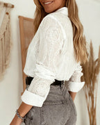 Bianca Blouse Femme – Broderie Géométrique Florale, Col Classique et Coupe Fluide