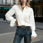 Valerie Blouse Femme – Broderie Florale Raffinée, Col Classique et Manches Volantées