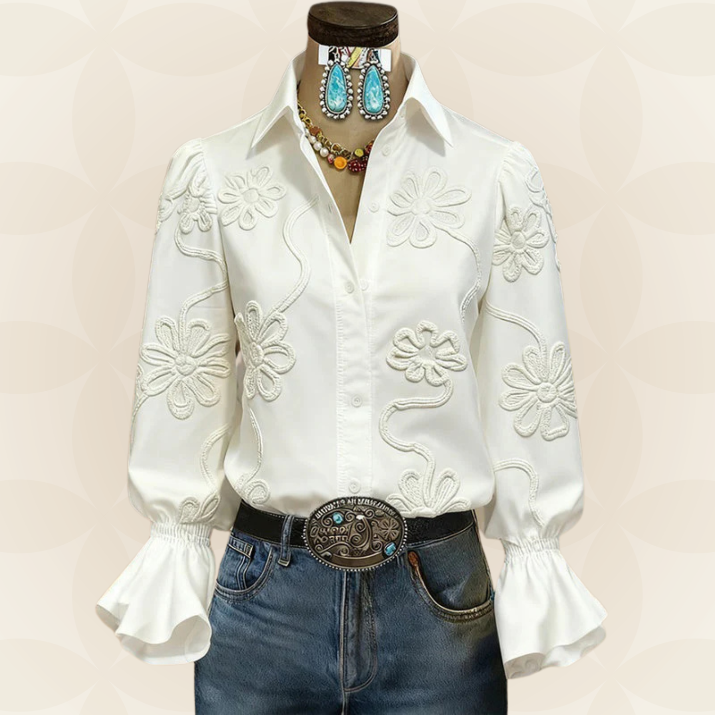 Valerie Blouse Femme – Broderie Florale Raffinée, Col Classique et Manches Volantées