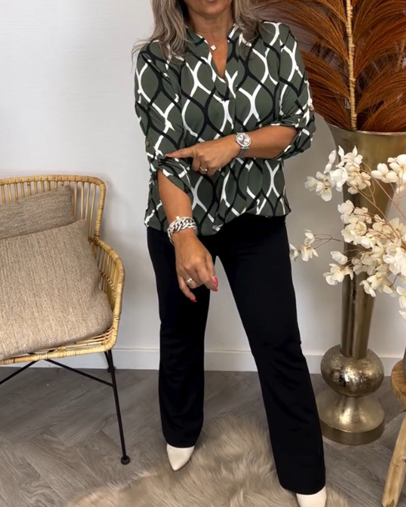 Sienna Blouse Femme – Imprimé Graphique Moderne, Col V et Manches 3/4 Amples
