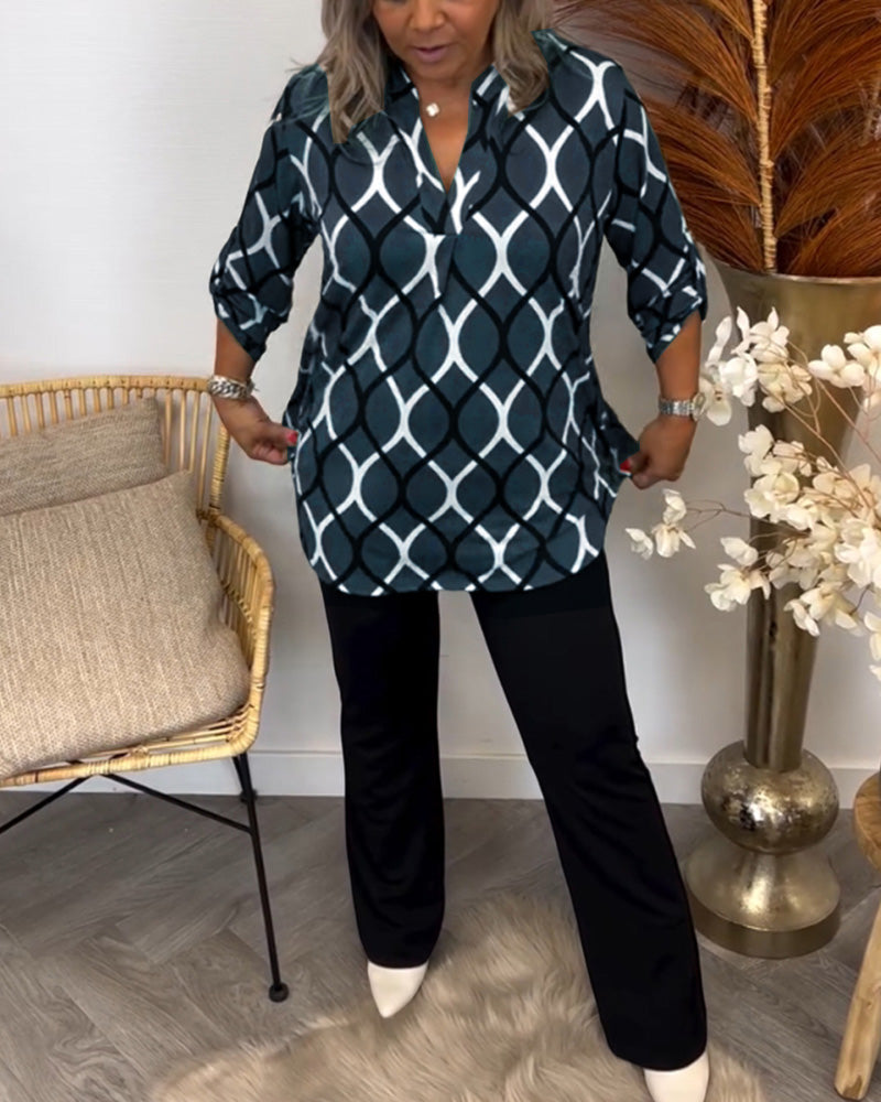 Sienna Blouse Femme – Imprimé Graphique Moderne, Col V et Manches 3/4 Amples