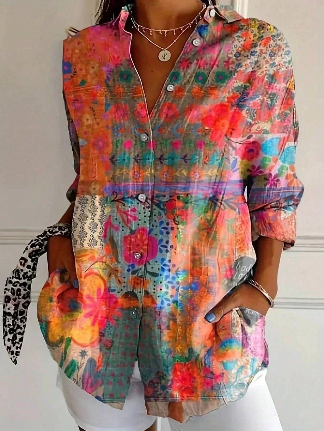 Giulia Blouse Femme – Imprimé Floral Multicolore, Coupe Fluide et Col Classique