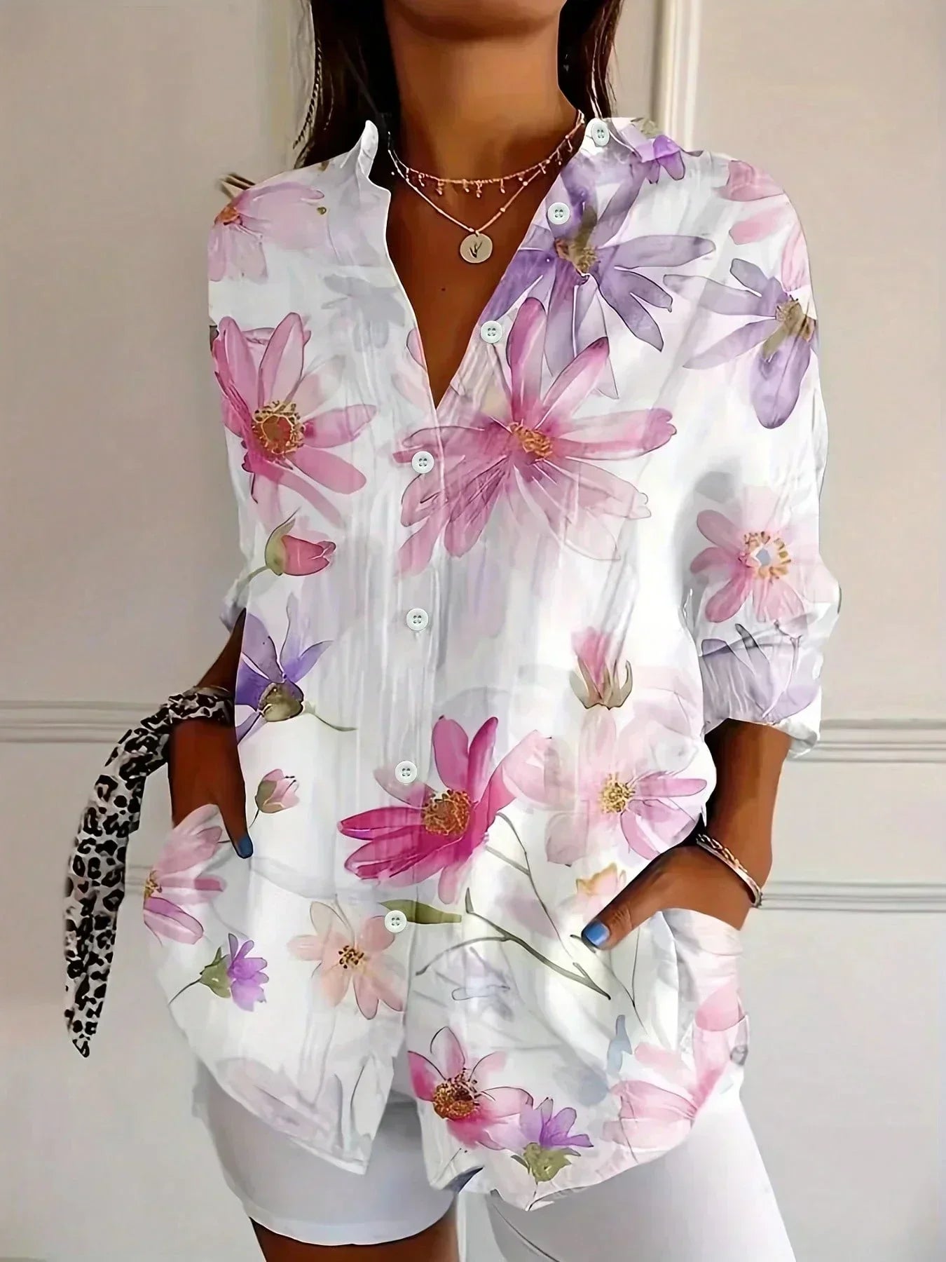 Giulia Blouse Femme – Imprimé Floral Multicolore, Coupe Fluide et Col Classique