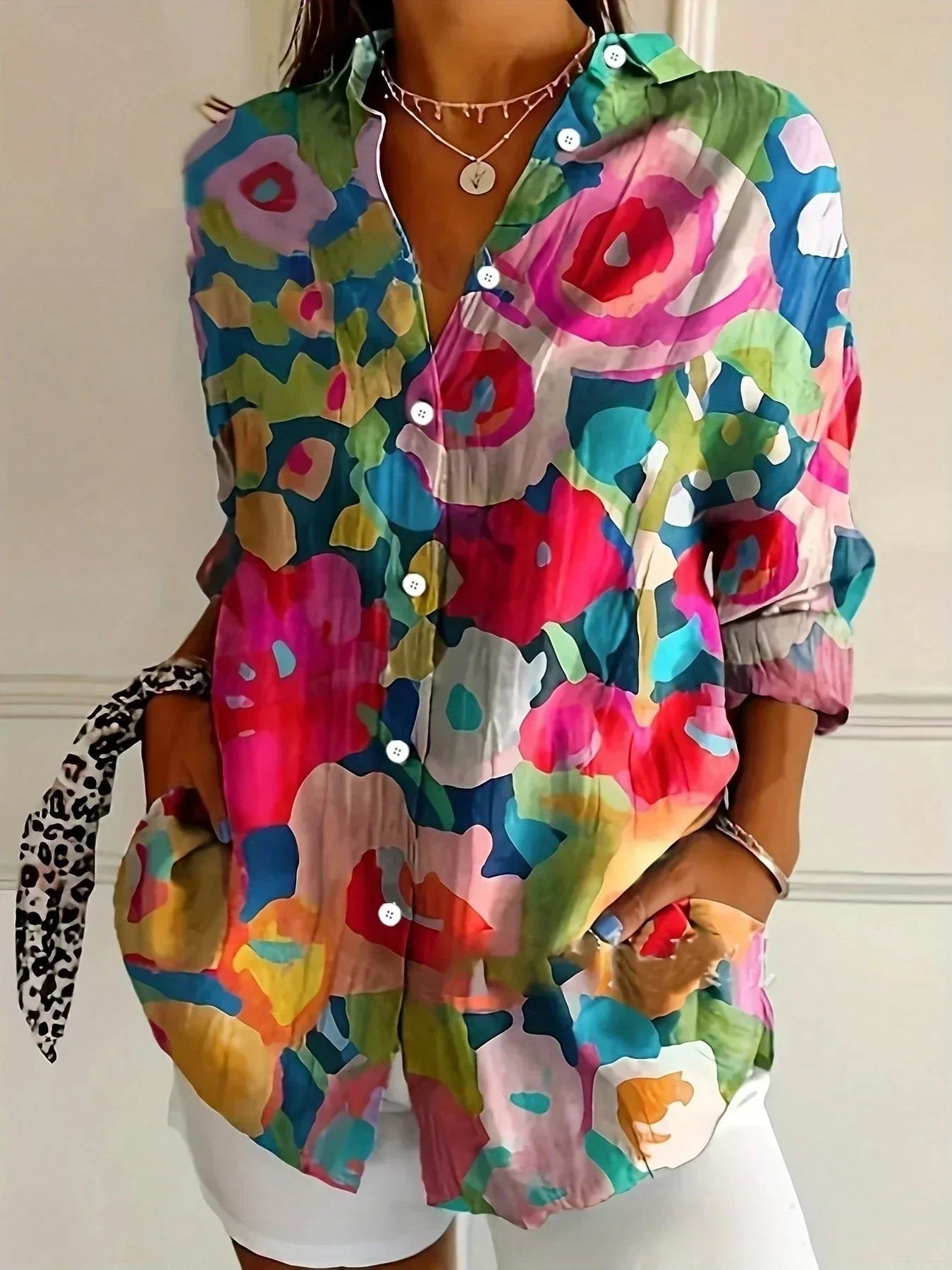 Giulia Blouse Femme – Imprimé Floral Multicolore, Coupe Fluide et Col Classique