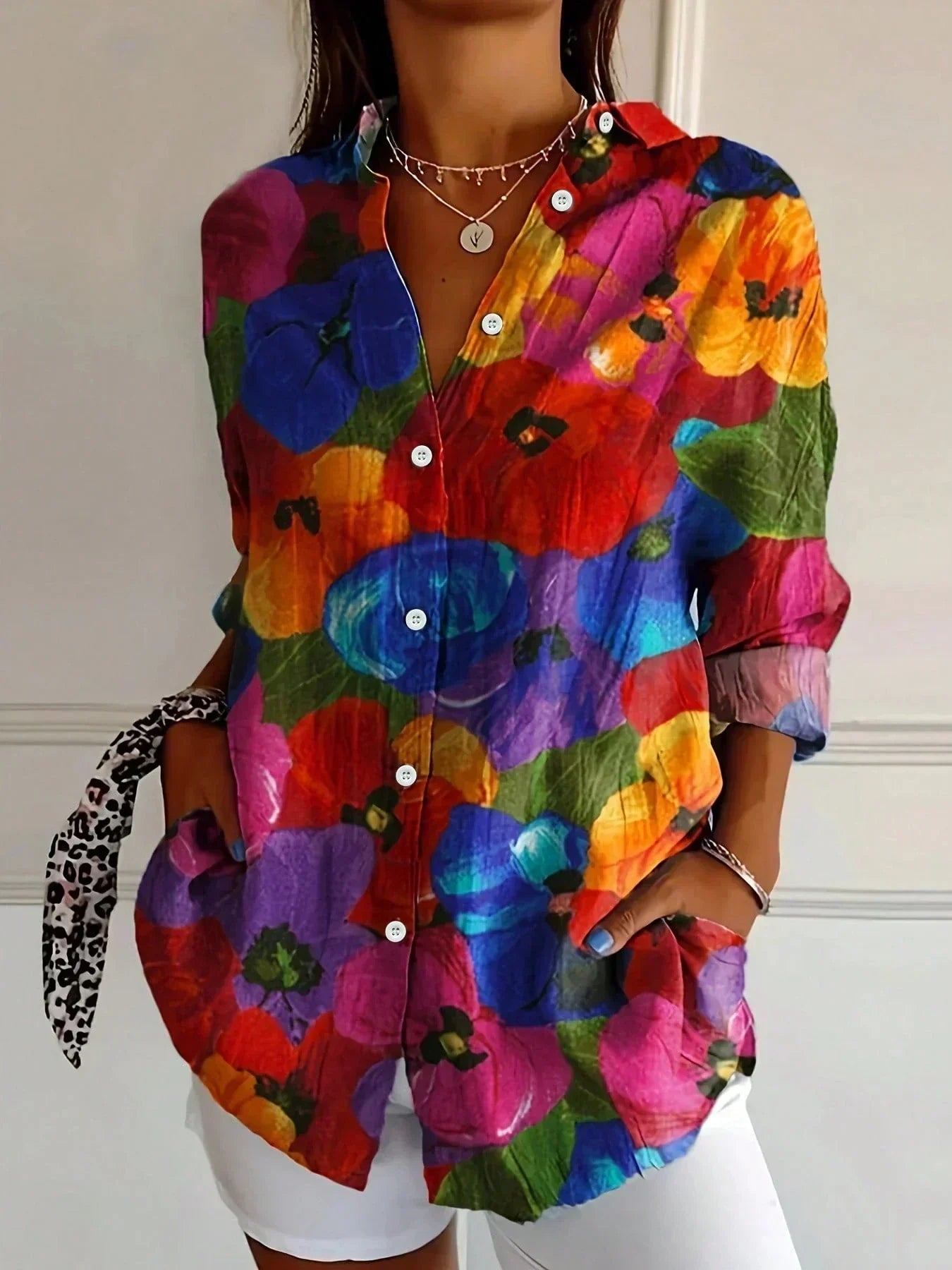 Giulia Blouse Femme – Imprimé Floral Multicolore, Coupe Fluide et Col Classique