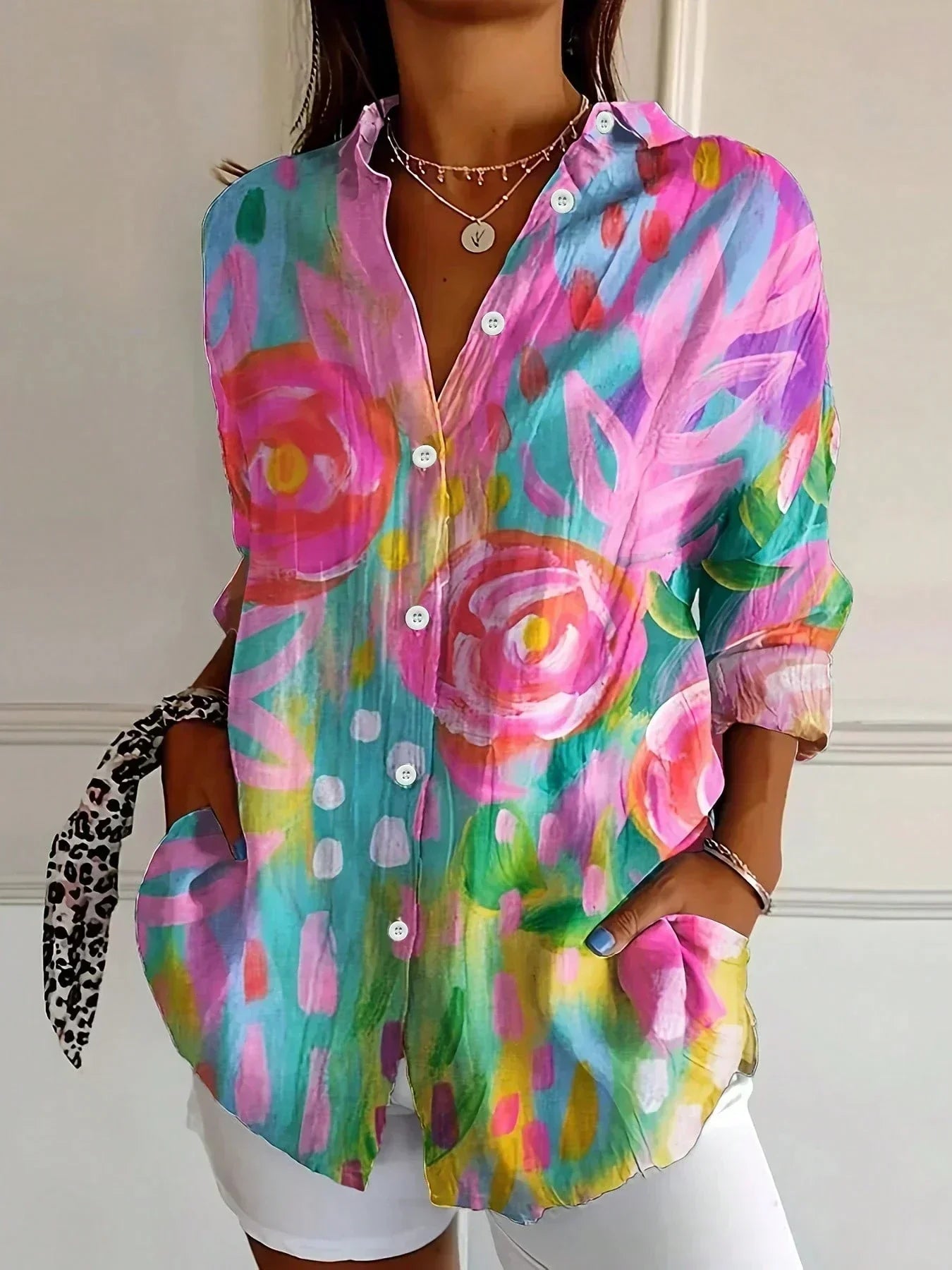 Giulia Blouse Femme – Imprimé Floral Multicolore, Coupe Fluide et Col Classique