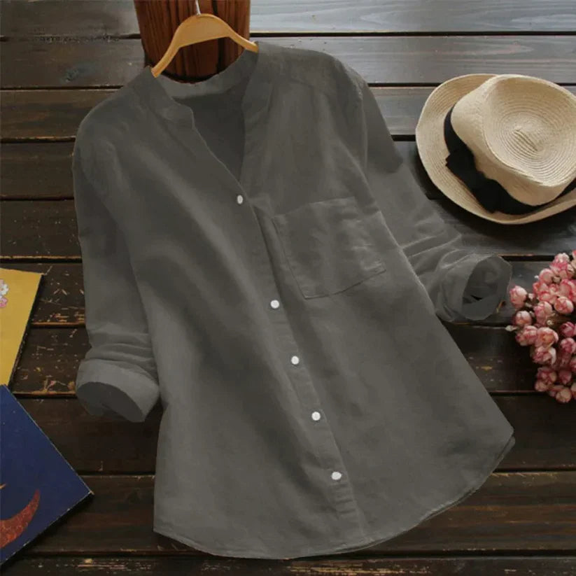Eliana Blouse Femme – Col V Sans Col, Boutonnage Intégral et Coupe Ajustée