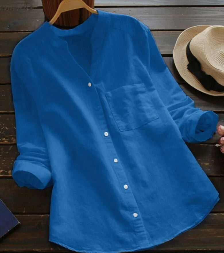 Eliana Blouse Femme – Col V Sans Col, Boutonnage Intégral et Coupe Ajustée