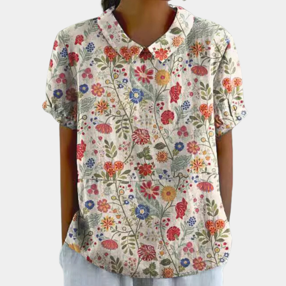 Marlowe Blouse Femme – Haut Fleuri à Col Claudine avec Manches Courtes & Style Décontracté