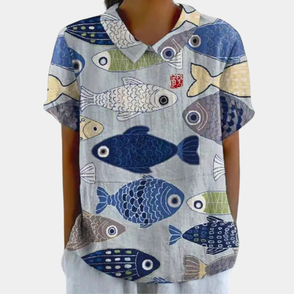 Marlowe Blouse Femme – Haut Fleuri à Col Claudine avec Manches Courtes & Style Décontracté