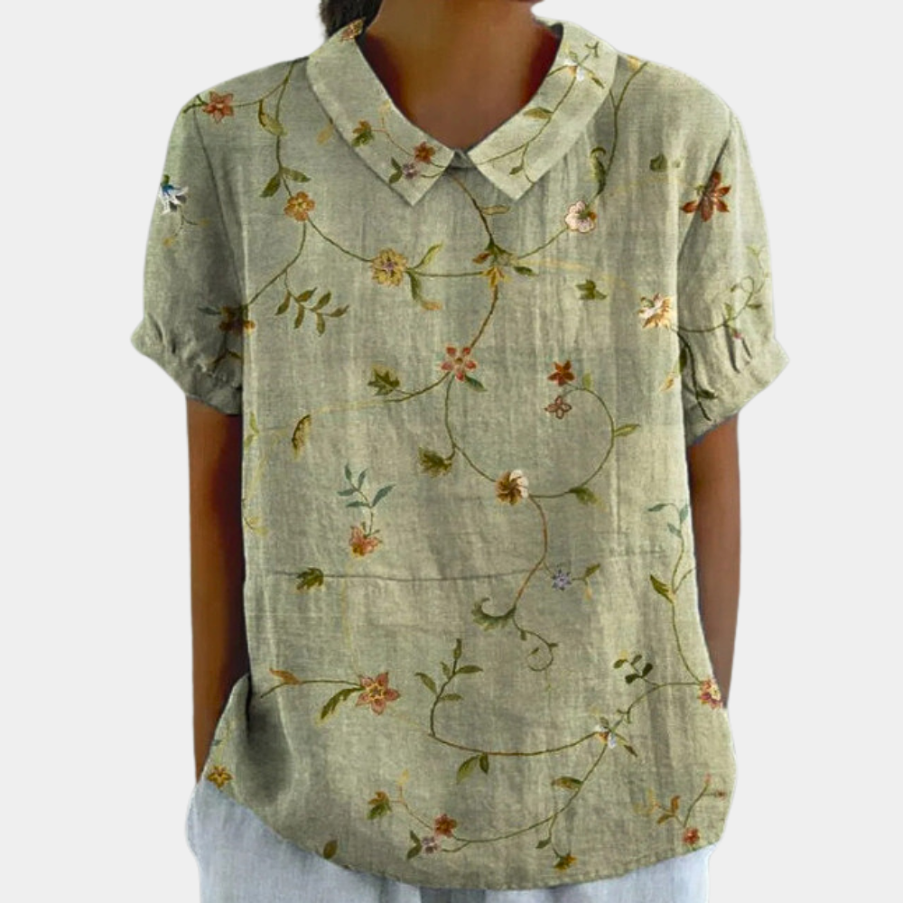 Marlowe Blouse Femme – Haut Fleuri à Col Claudine avec Manches Courtes & Style Décontracté